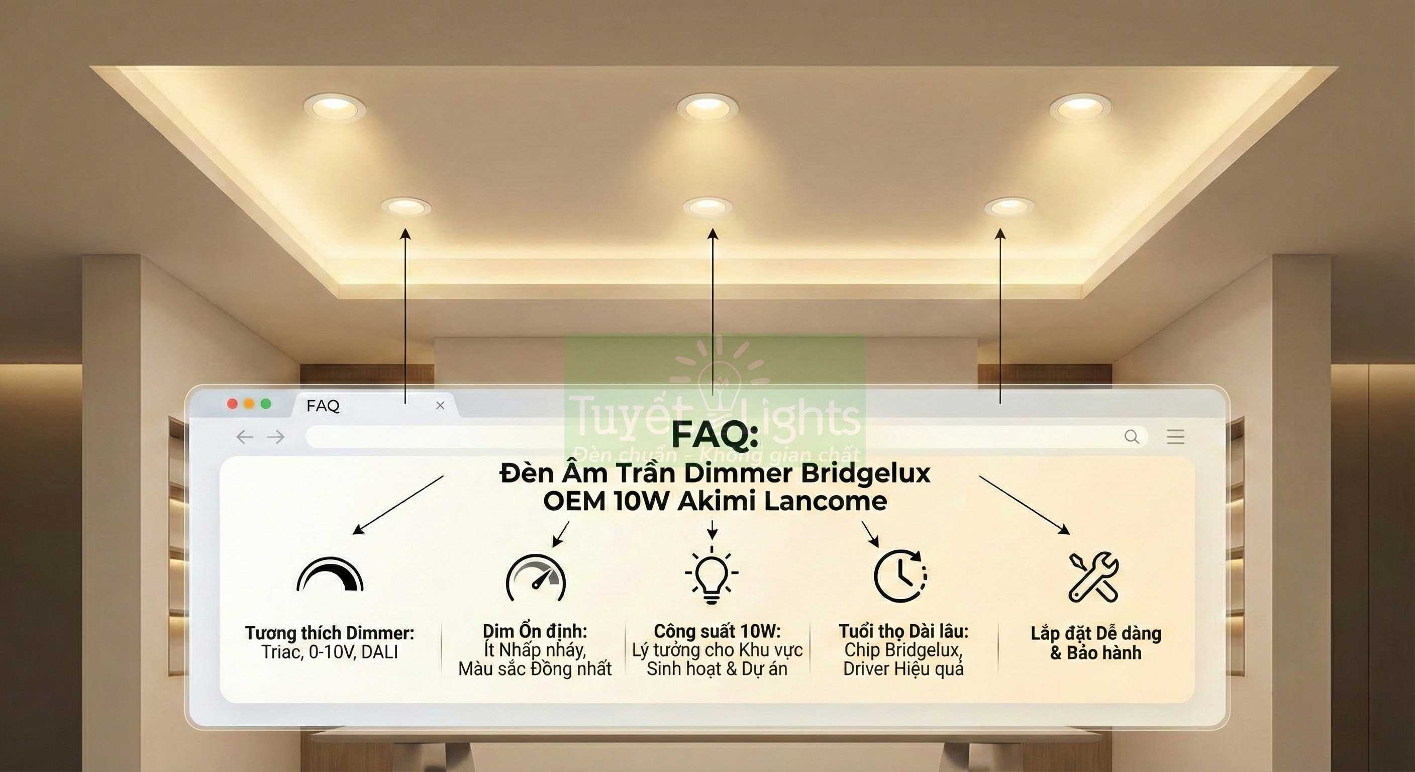 Đèn âm trần dimmer Bridgelux OEM 10W Akimi Lancome chiếu sáng trần phòng khách hiện đại