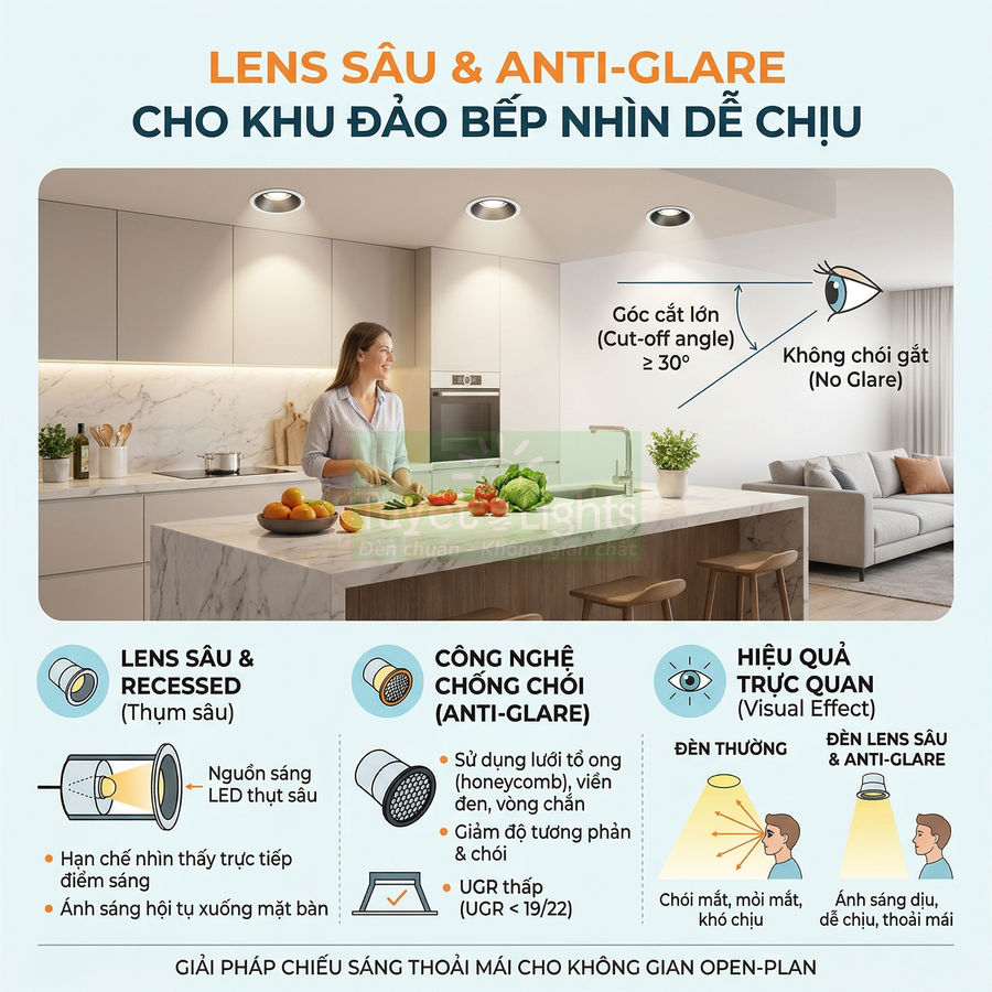 Đèn LED âm trần lens sâu chống chói lóa chiếu sáng khu đảo bếp hiện đại với người phụ nữ đang nấu ăn