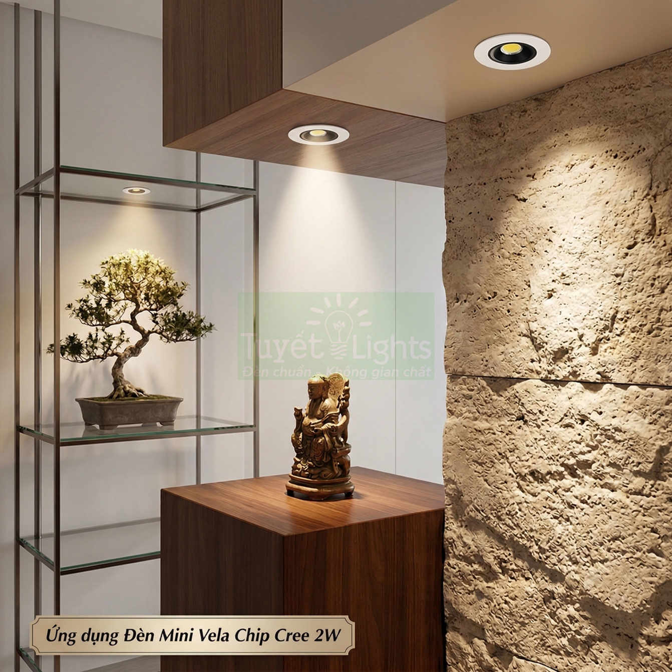 Đèn downlight âm trần mini Vela chip Cree 2W chiếu sáng tượng gỗ và cây bonsai trong không gian nội thất