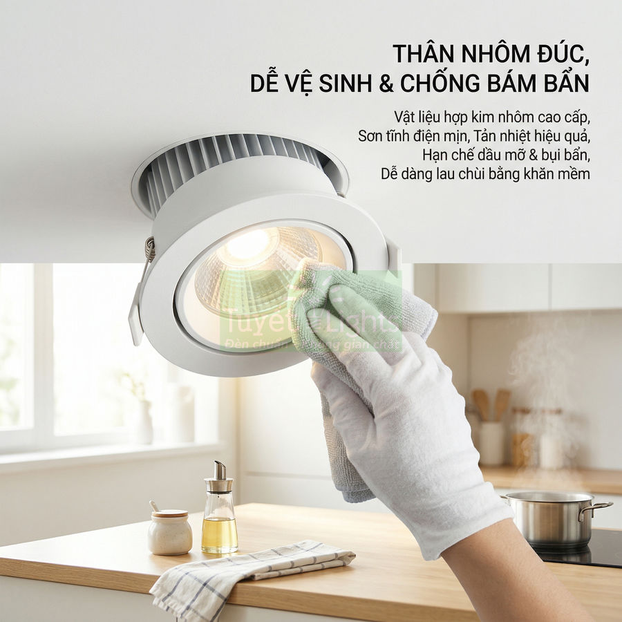 Đèn âm trần LED thân nhôm đúc màu trắng trong bếp đang được lau chùi bằng khăn mềm