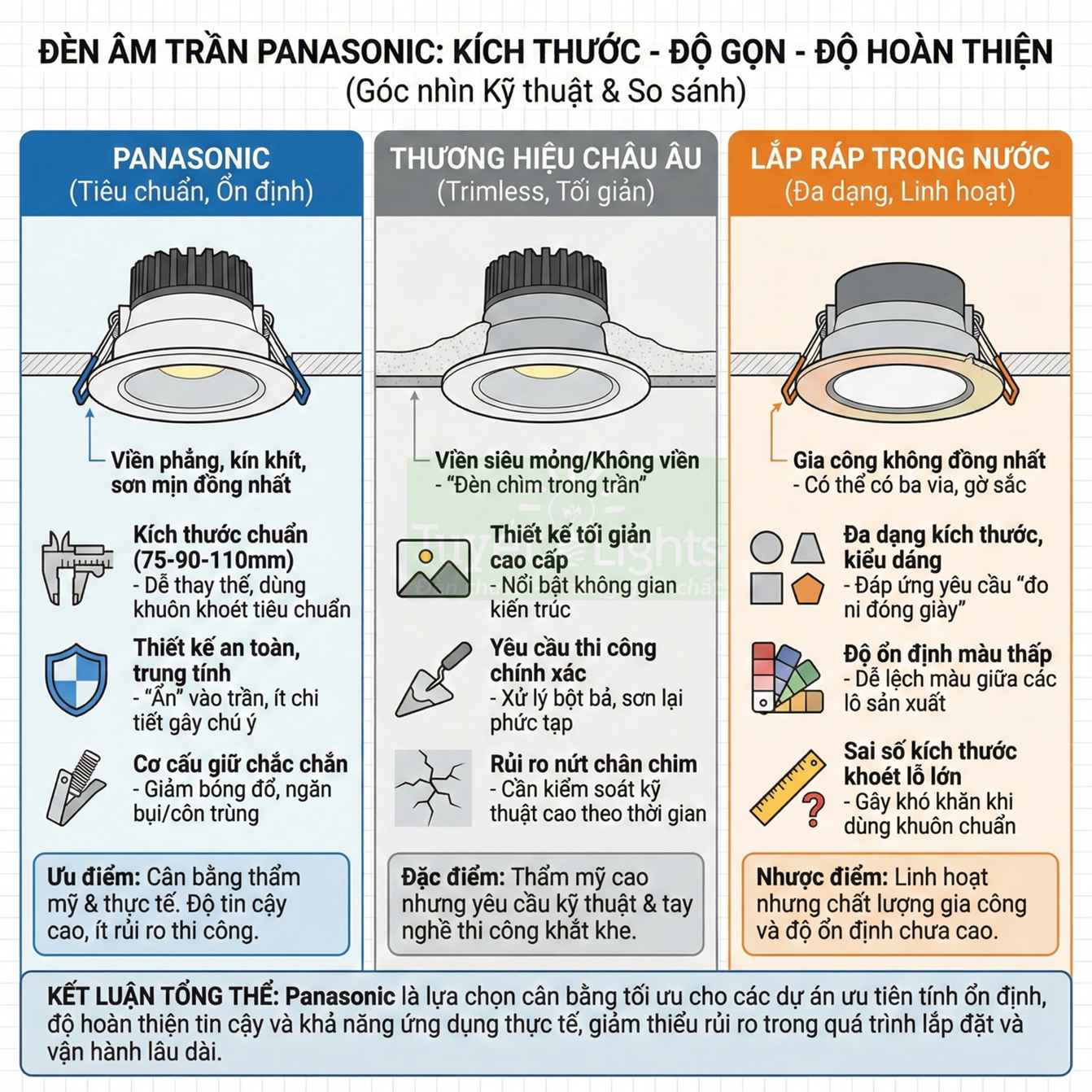 So sánh đèn âm trần Panasonic với đèn châu Âu và đèn lắp ráp trong nước về kích thước và độ hoàn thiện