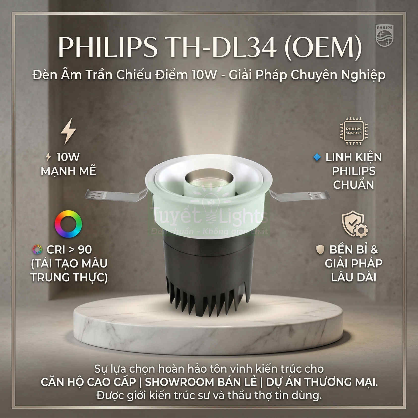 Đèn âm trần chiếu điểm Philips TH DL34 10W OEM màu trắng đen trưng bày trên bệ đá marble
