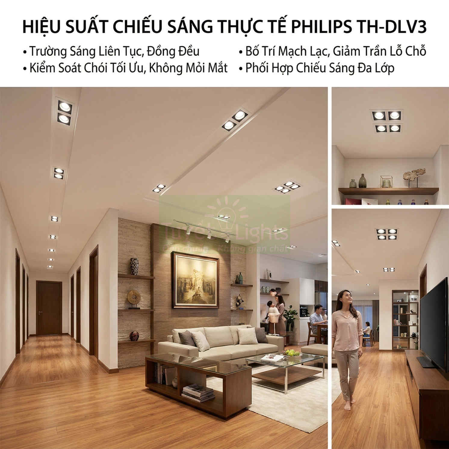 Đèn âm trần Philips TH DLV3 chiếu sáng phòng khách và hành lang căn hộ hiện đại