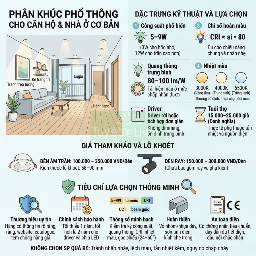 Infographic hướng dẫn chọn đèn LED âm trần và đèn rọi ray cho căn hộ, nêu công suất, quang thông, CRI và giá tham khảo