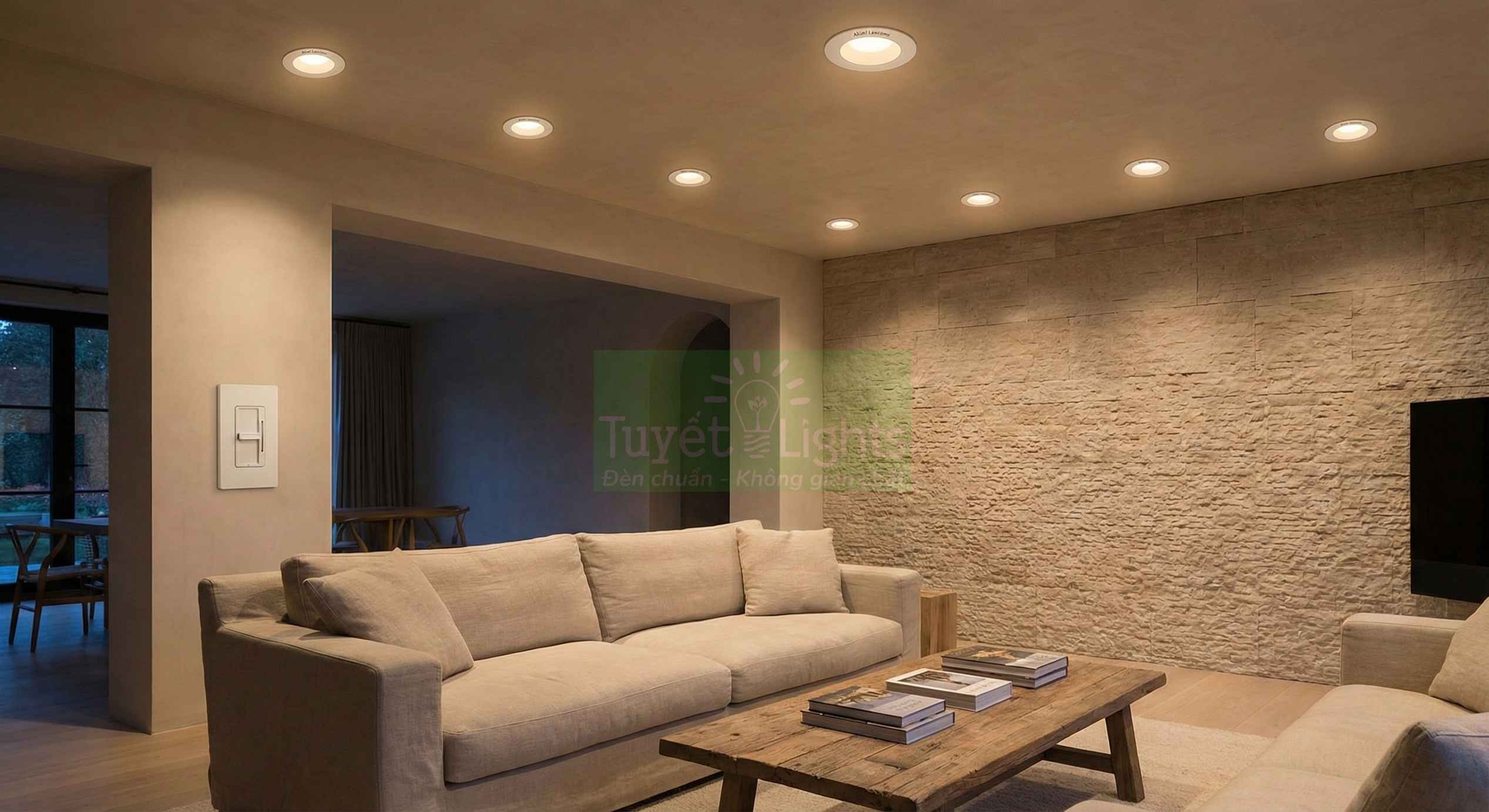 Đèn led âm trần chiếu sáng phòng khách hiện đại với trần thạch cao và sofa màu be