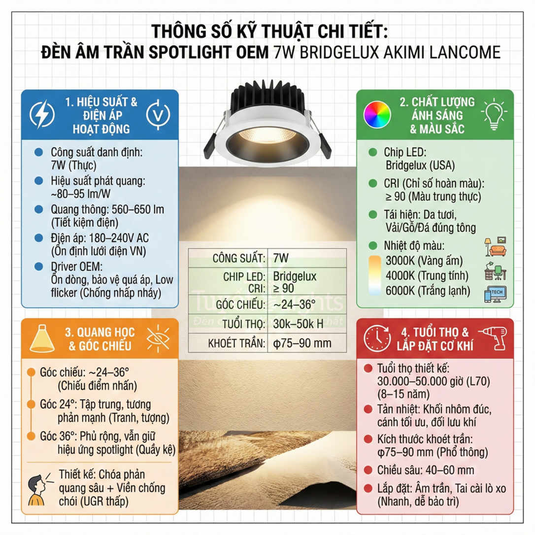 Đèn âm trần spotlight OEM 7W Bridgelux Akimi Lancome kèm bảng thông số kỹ thuật chi tiết