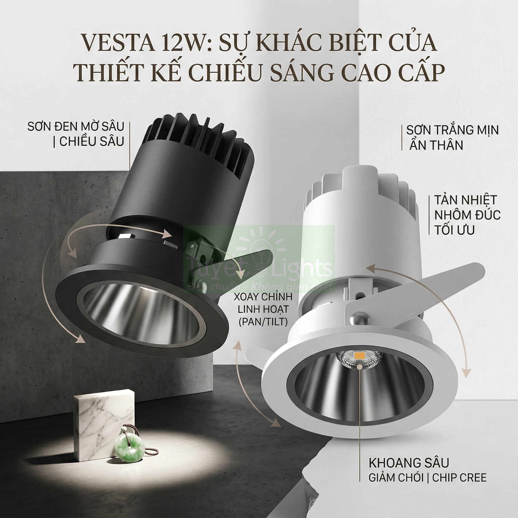 Đèn downlight âm trần Vesta 12W màu đen và trắng, thân nhôm đúc tản nhiệt tốt, khoang sâu giảm chói
