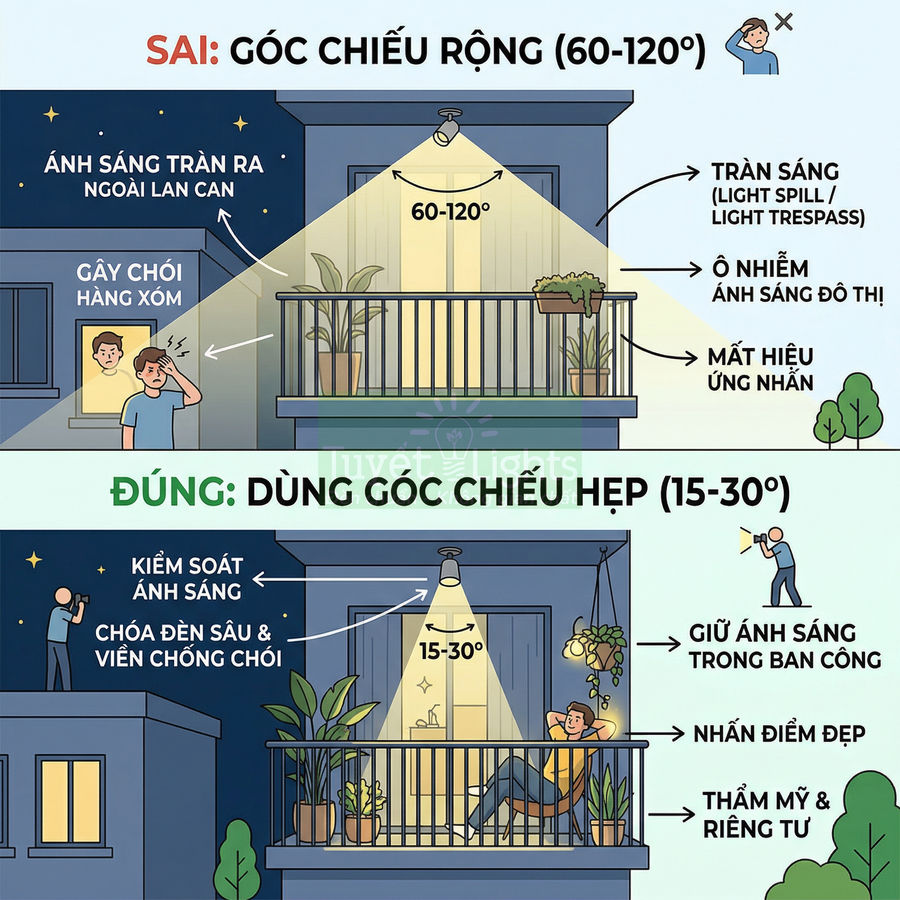 Đèn chiếu ban công với góc chiếu hẹp 15 30 độ giúp kiểm soát ánh sáng, tăng thẩm mỹ và giữ riêng tư