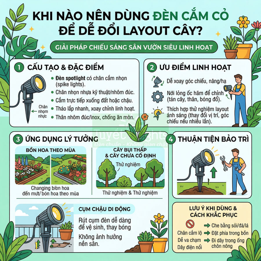 Infographic hướng dẫn sử dụng đèn cắm cỏ spotlight chiếu sáng sân vườn và bố trí cây cảnh linh hoạt