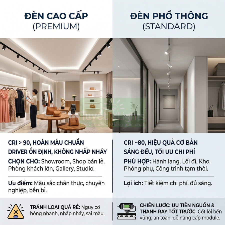 So sánh đèn LED cao cấp và đèn LED phổ thông cho showroom, hành lang và lối đi, nêu ưu điểm và ứng dụng