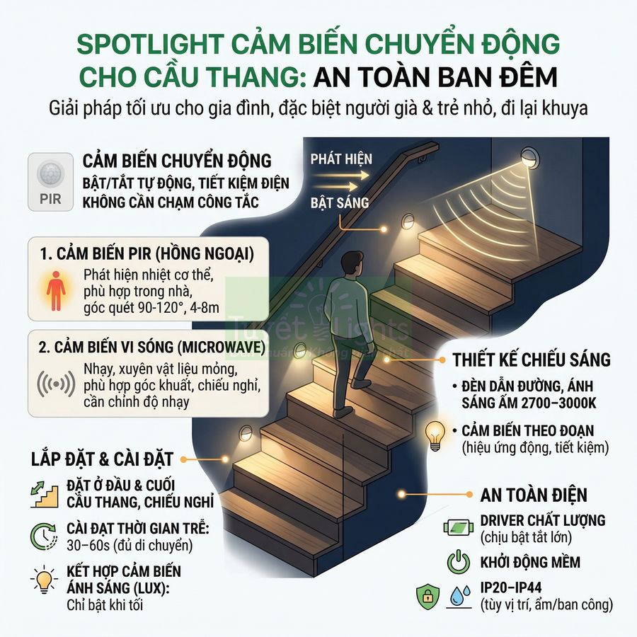 Đèn spotlight cảm biến chuyển động cho cầu thang, tự động bật sáng an toàn ban đêm cho gia đình
