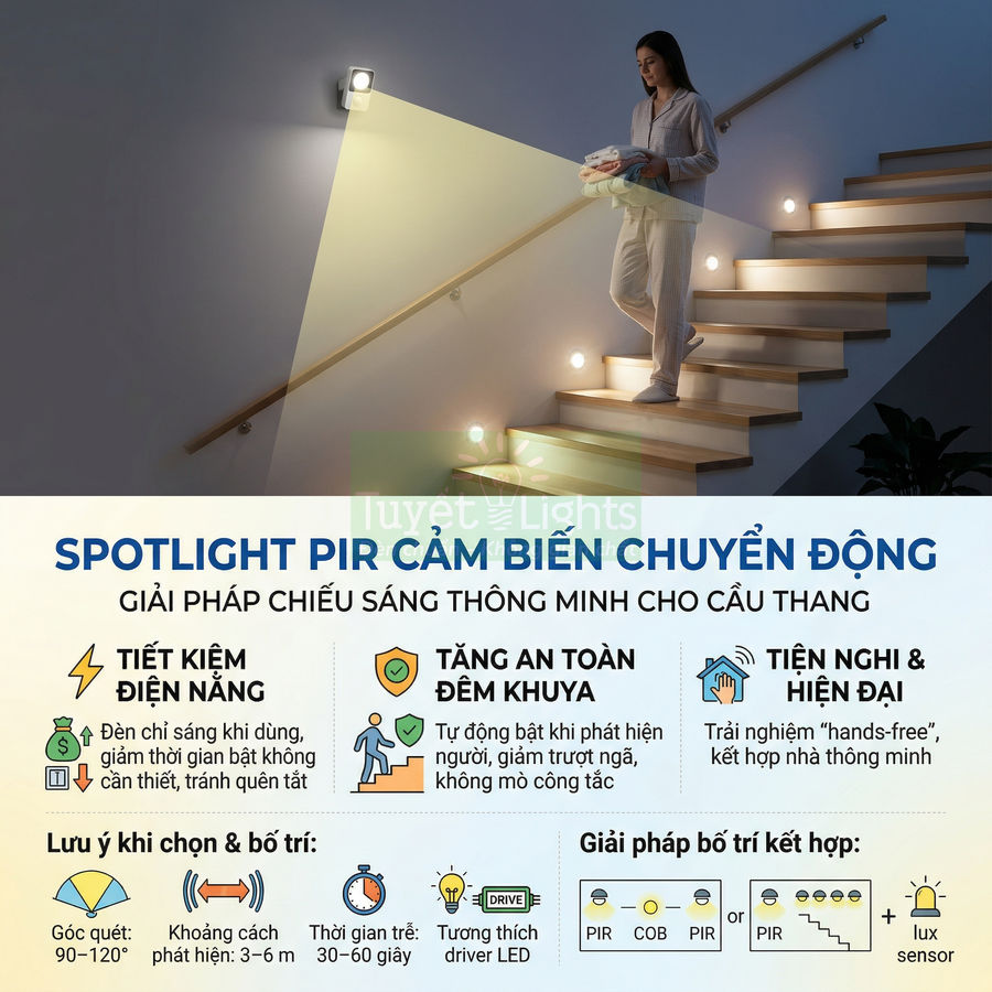 Đèn spotlight cảm biến chuyển động PIR chiếu sáng cầu thang ban đêm, tự động bật khi có người di chuyển