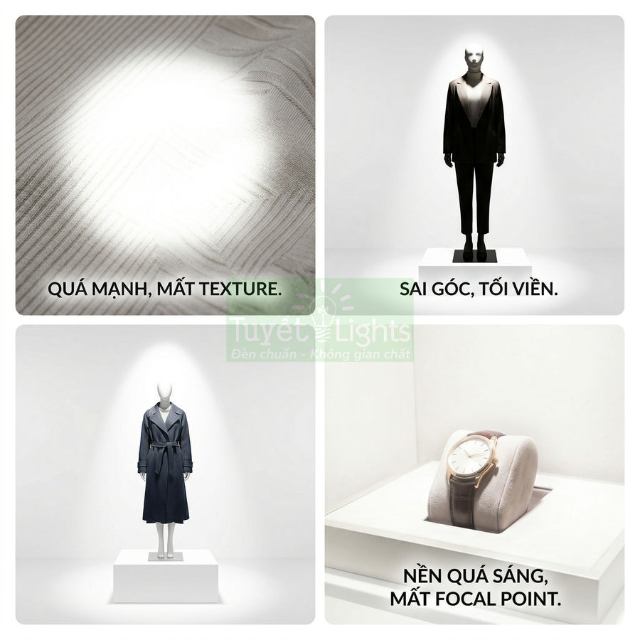 Ví dụ trưng bày mannequin và đồng hồ với các lỗi chiếu sáng spotlight trong showroom thời trang