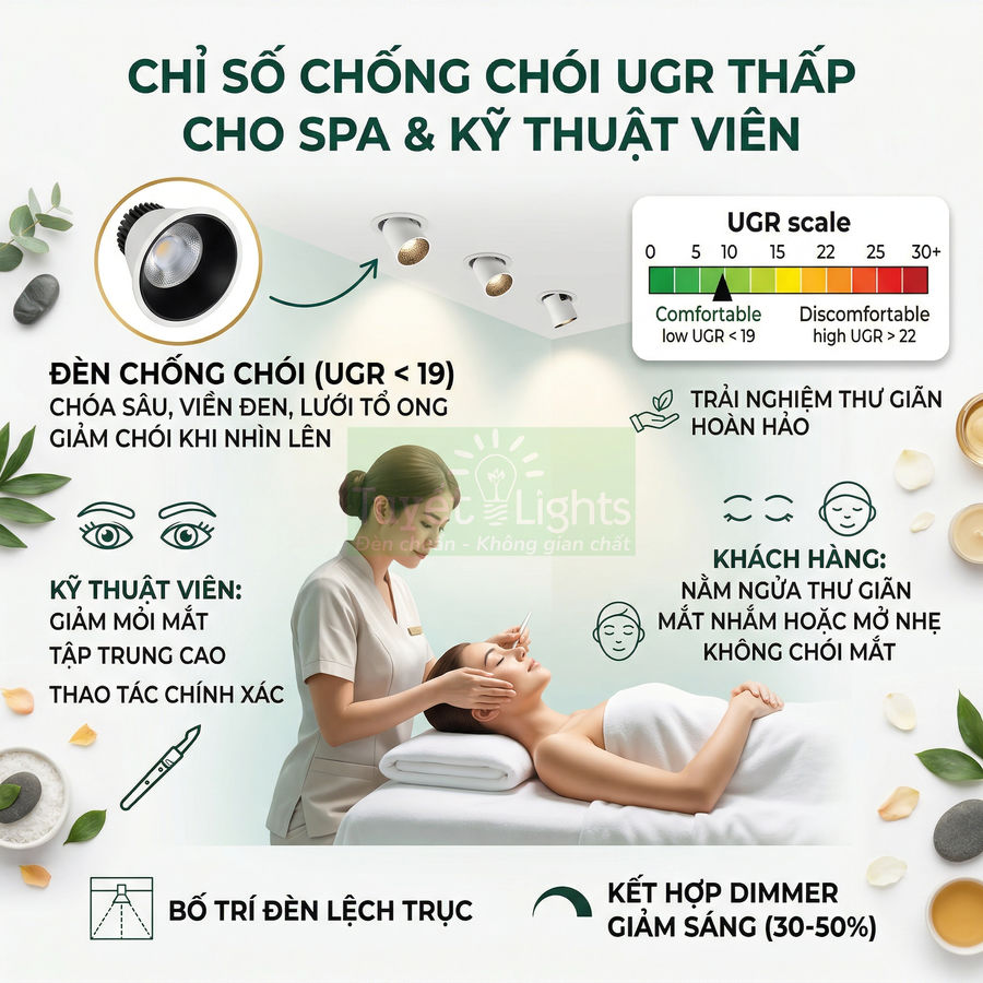 Đèn LED âm trần chống chói UGR thấp cho spa, kỹ thuật viên chăm sóc da mặt cho khách nằm thư giãn