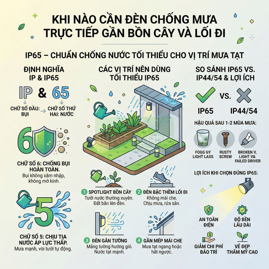 Infographic hướng dẫn chọn đèn chiếu sáng chuẩn chống nước IP65 cho khu vực bồn cây, lối đi ngoài trời