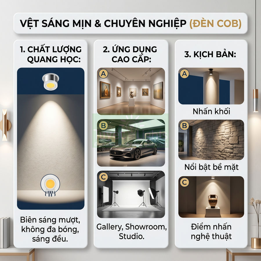 Đèn LED COB chiếu điểm sáng mịn, dùng cho gallery, showroom xe, studio và trang trí tường nghệ thuật