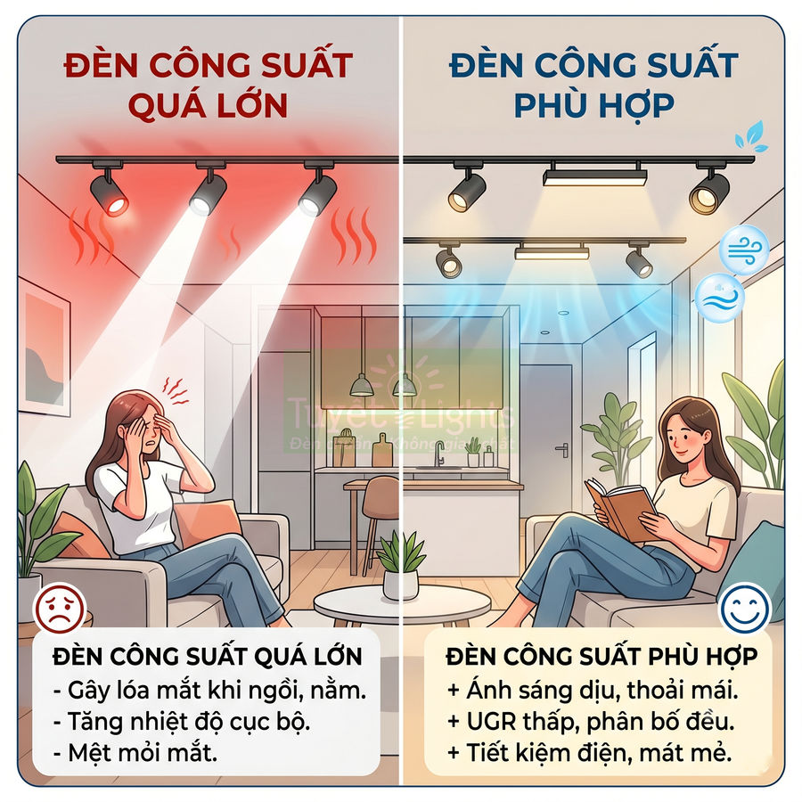 So sánh đèn chiếu sáng công suất quá lớn gây chói nóng với đèn công suất phù hợp cho phòng khách thoải mái