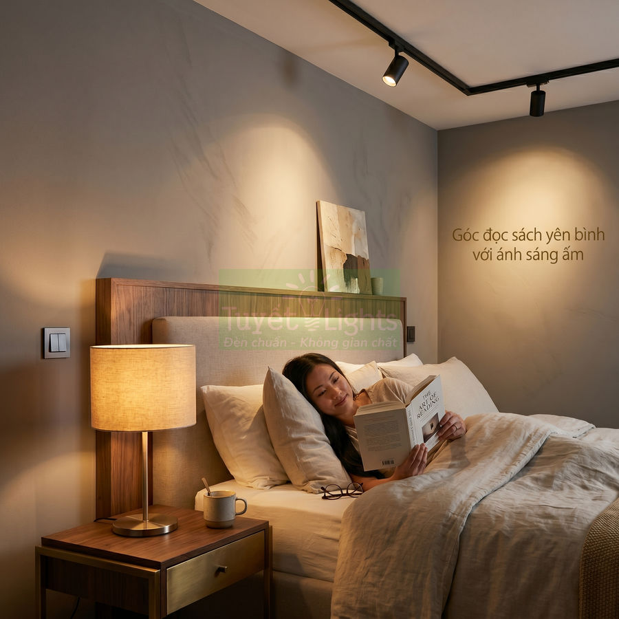 Đèn ngủ để bàn ánh sáng vàng ấm cạnh giường, chiếu sáng góc đọc sách thư giãn trong phòng ngủ hiện đại