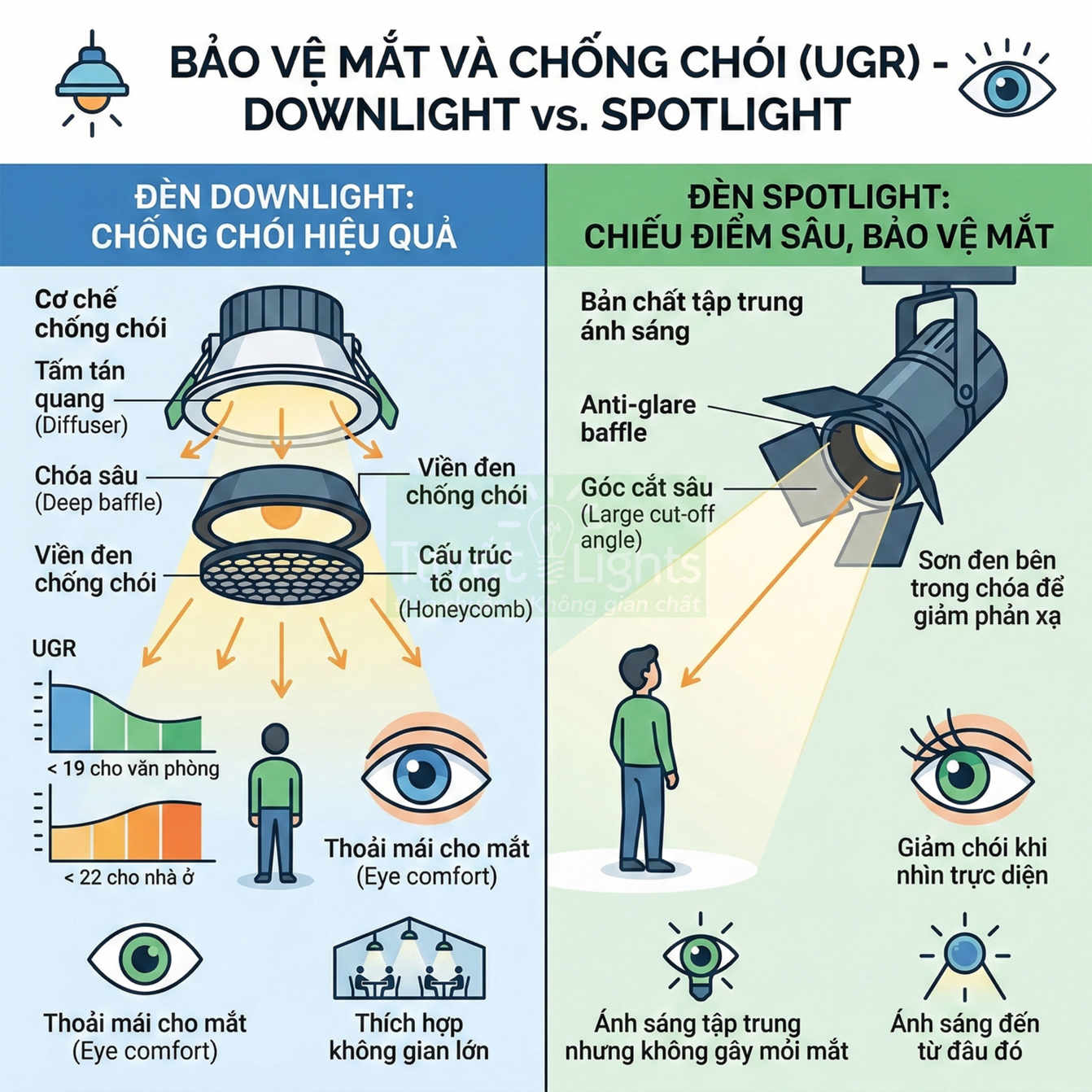So sánh đèn downlight và đèn spotlight chống chói, bảo vệ mắt, phù hợp chiếu sáng nhà ở và văn phòng
