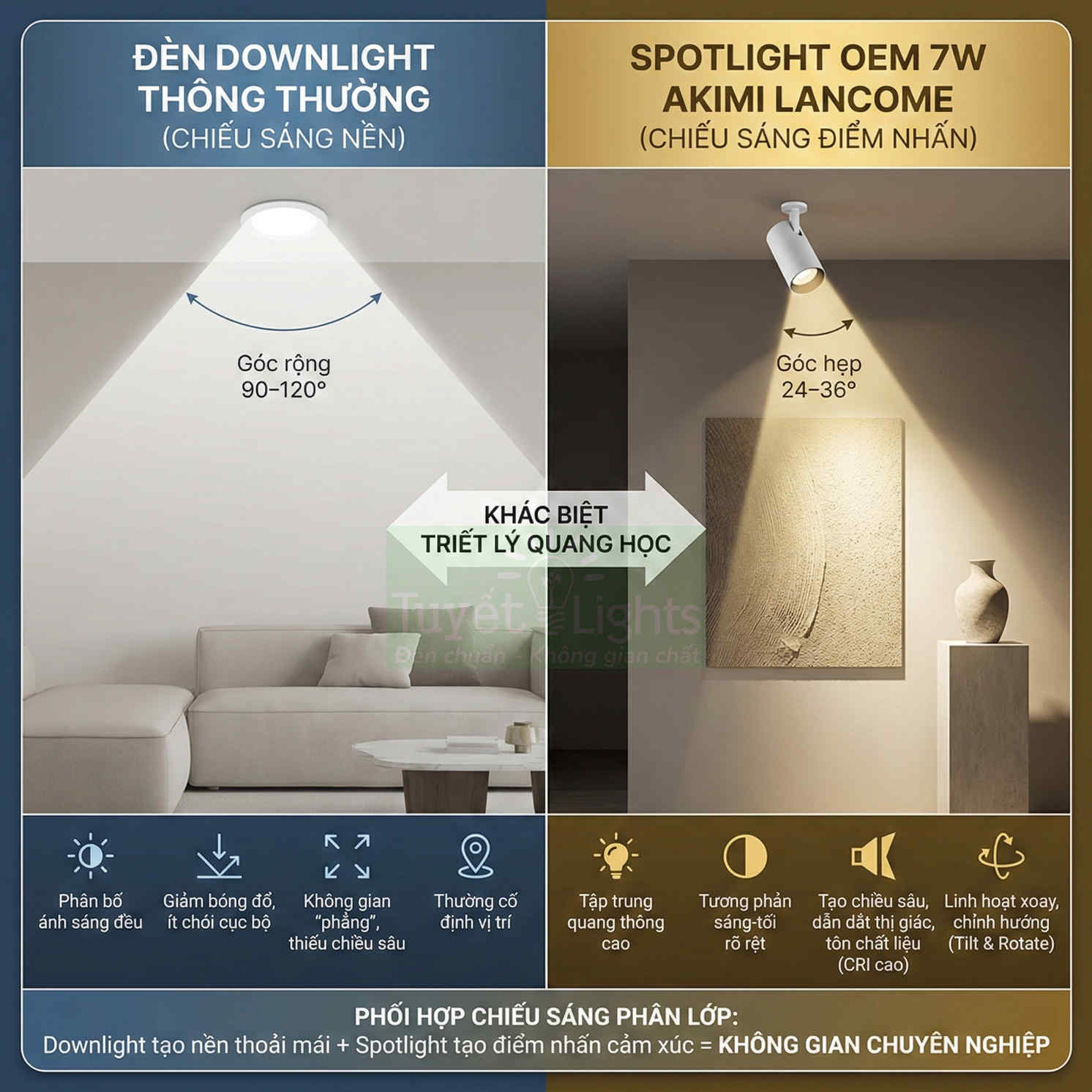 So sánh đèn downlight thông thường và đèn spotlight OEM 7W Akimi Lancome trong phòng khách hiện đại