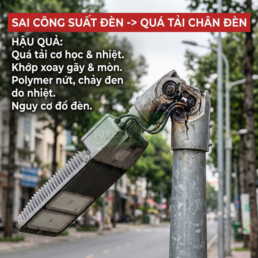 Đèn đường LED bị cháy chảy nhựa và cong gãy tại khớp nối do quá tải công suất trên cột điện ngoài trời