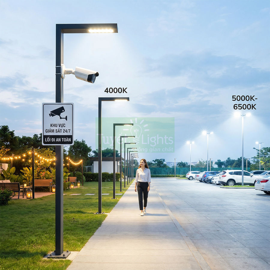 Đèn đường LED chiếu sáng lối đi và bãi đỗ xe ngoài trời với hai mức nhiệt màu 4000K và 5000K 6500K