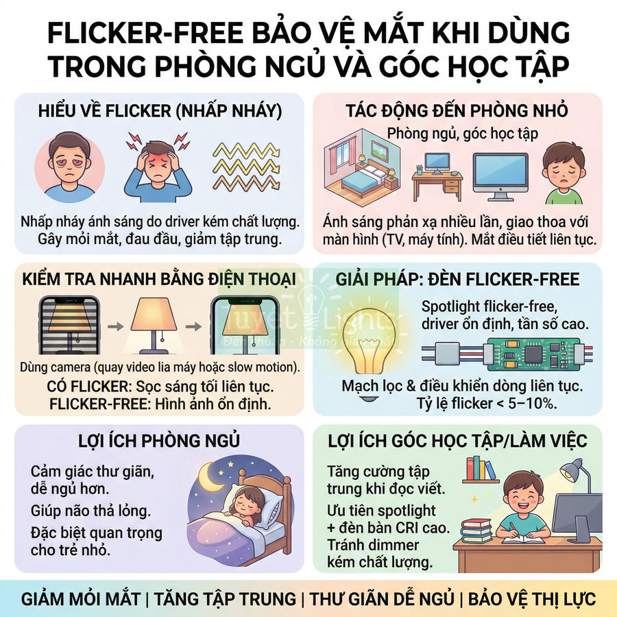 Infographic về đèn LED flicker free bảo vệ mắt trong phòng ngủ và góc học tập, giảm nhấp nháy và tăng tập trung