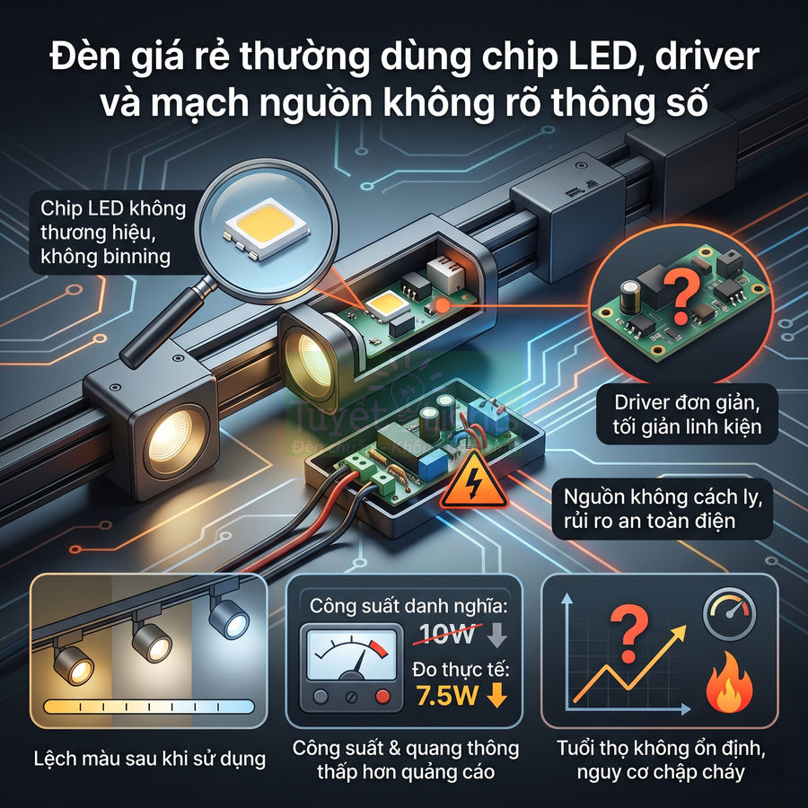 Đèn LED giá rẻ với chip LED kém chất lượng, driver đơn giản và mạch nguồn không rõ thông số, công suất thực thấp