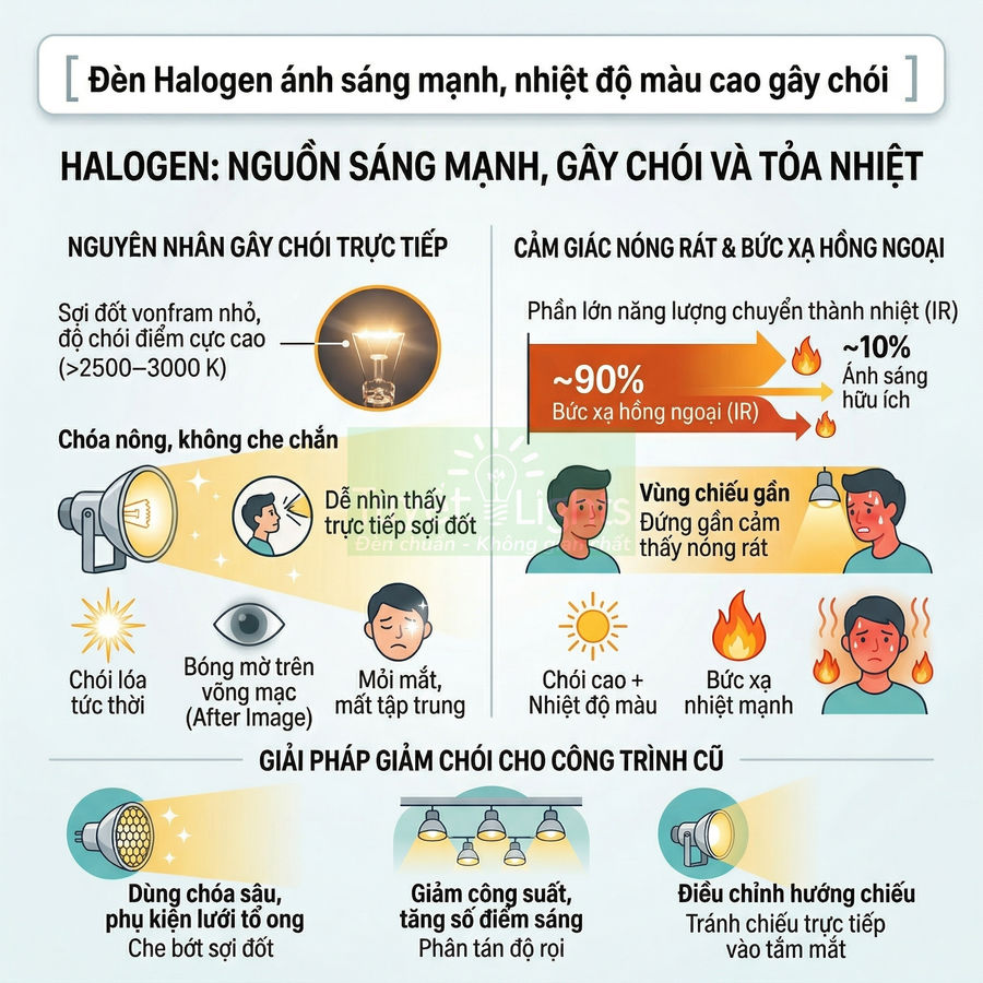 Infographic về đèn halogen ánh sáng mạnh, gây chói và tỏa nhiệt cùng giải pháp giảm chói cho công trình