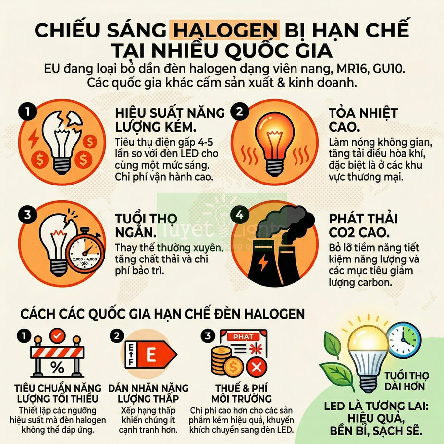 Infographic so sánh nhược điểm đèn halogen và ưu điểm đèn LED về hiệu suất, tuổi thọ, phát thải CO2