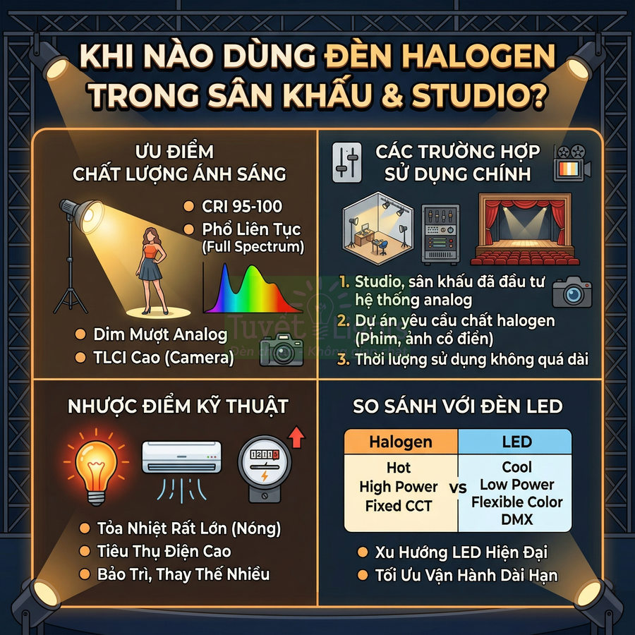 Infographic hướng dẫn khi nào nên dùng đèn halogen trong sân khấu và studio, so sánh ưu nhược điểm với đèn LED