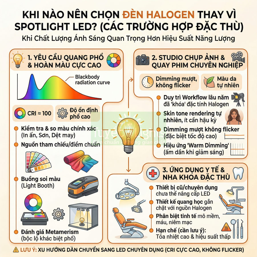 Infographic so sánh ưu điểm đèn halogen và spotlight LED trong các ứng dụng chiếu sáng chuyên dụng