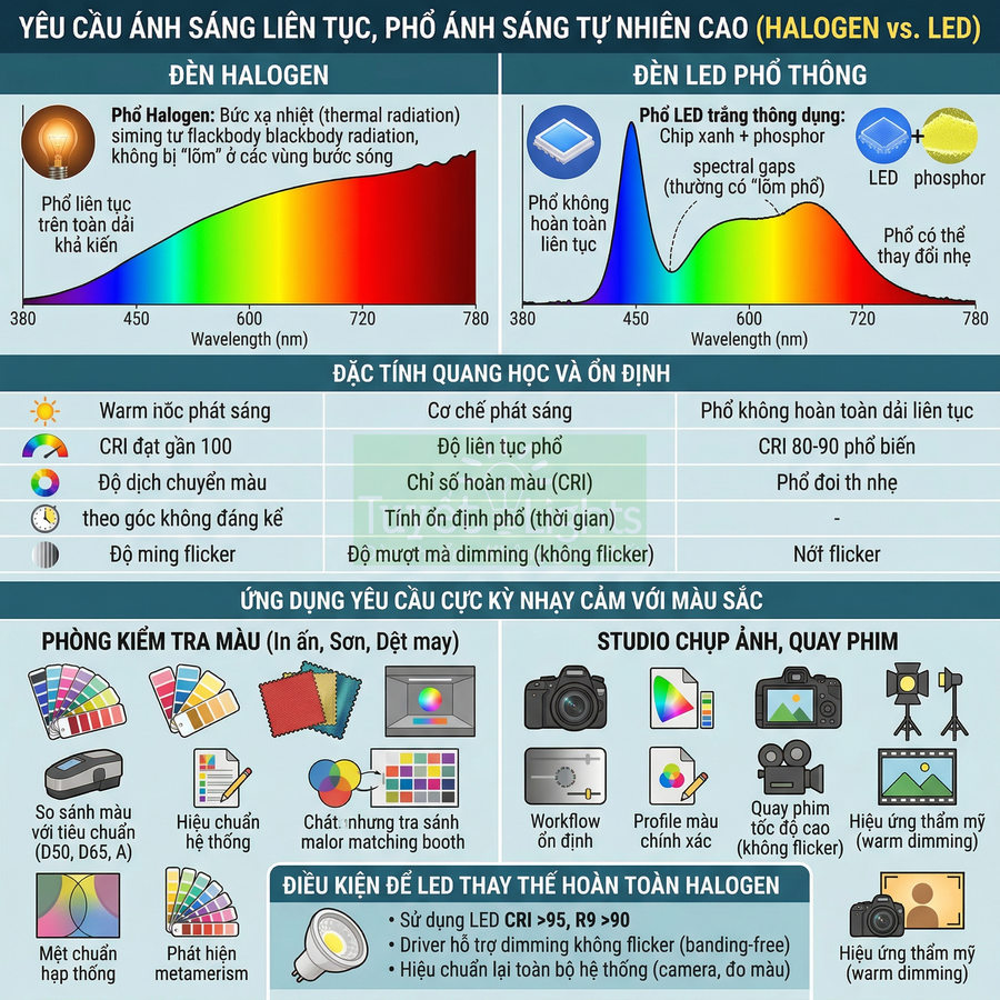 Infographic so sánh phổ ánh sáng và ứng dụng của đèn halogen và đèn LED trong kiểm tra màu, chụp ảnh, quay phim