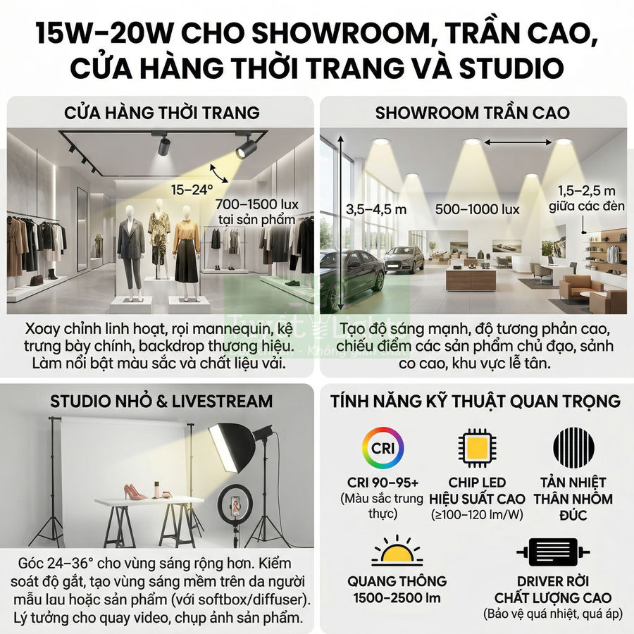 Đèn LED 15W 20W chiếu điểm cho showroom, cửa hàng thời trang, studio nhỏ và livestream, CRI cao, quang thông lớn