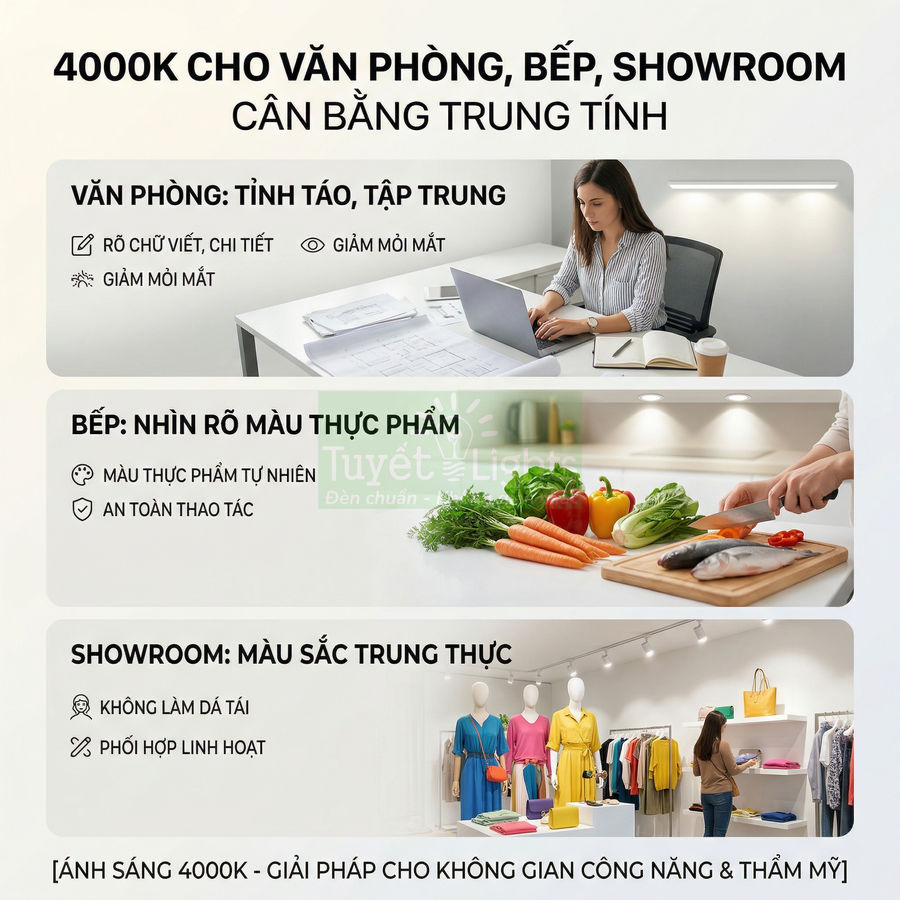 Đèn LED ánh sáng 4000K cho văn phòng, bếp, showroom giúp nhìn rõ màu sắc và giảm mỏi mắt