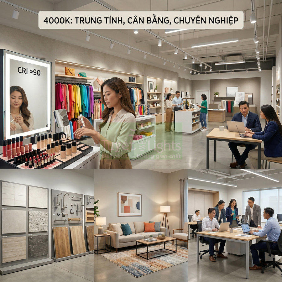 Đèn LED ánh sáng 4000K chiếu sáng cửa hàng, văn phòng và phòng khách hiện đại, tôn màu sắc sản phẩm và không gian