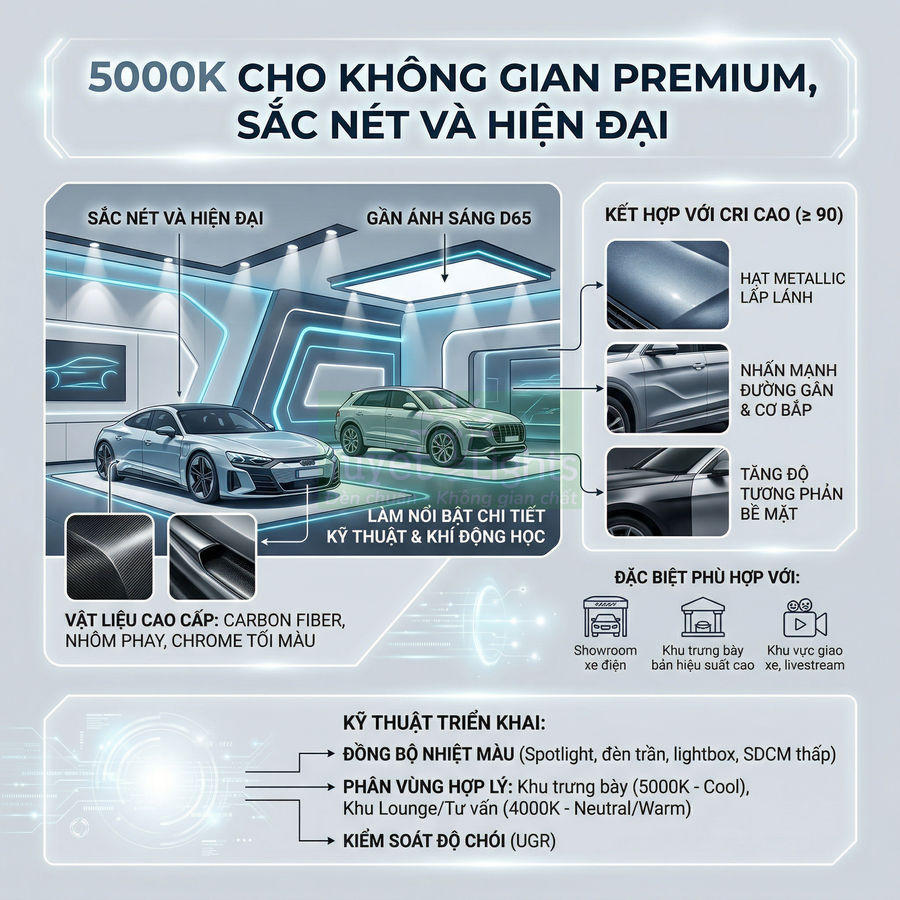 Đèn LED 5000K chiếu sáng showroom ô tô cao cấp, làm nổi bật chi tiết thân xe và vật liệu carbon fiber
