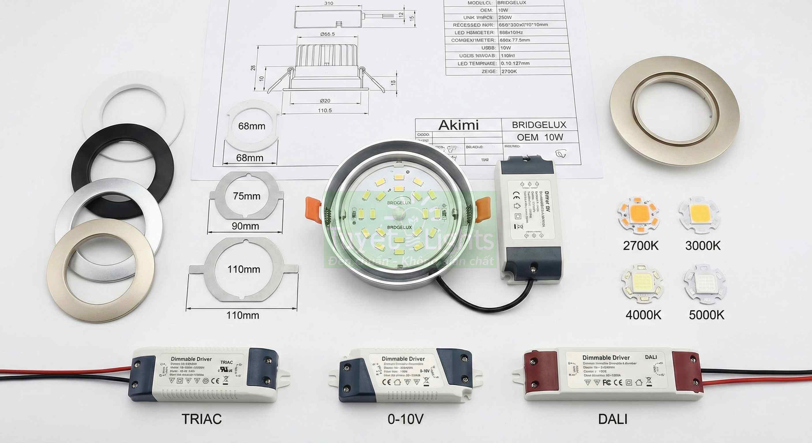 Bộ đèn LED âm trần Bridgelux 10W kèm driver dimmable và các vòng viền, chip LED nhiều nhiệt độ màu