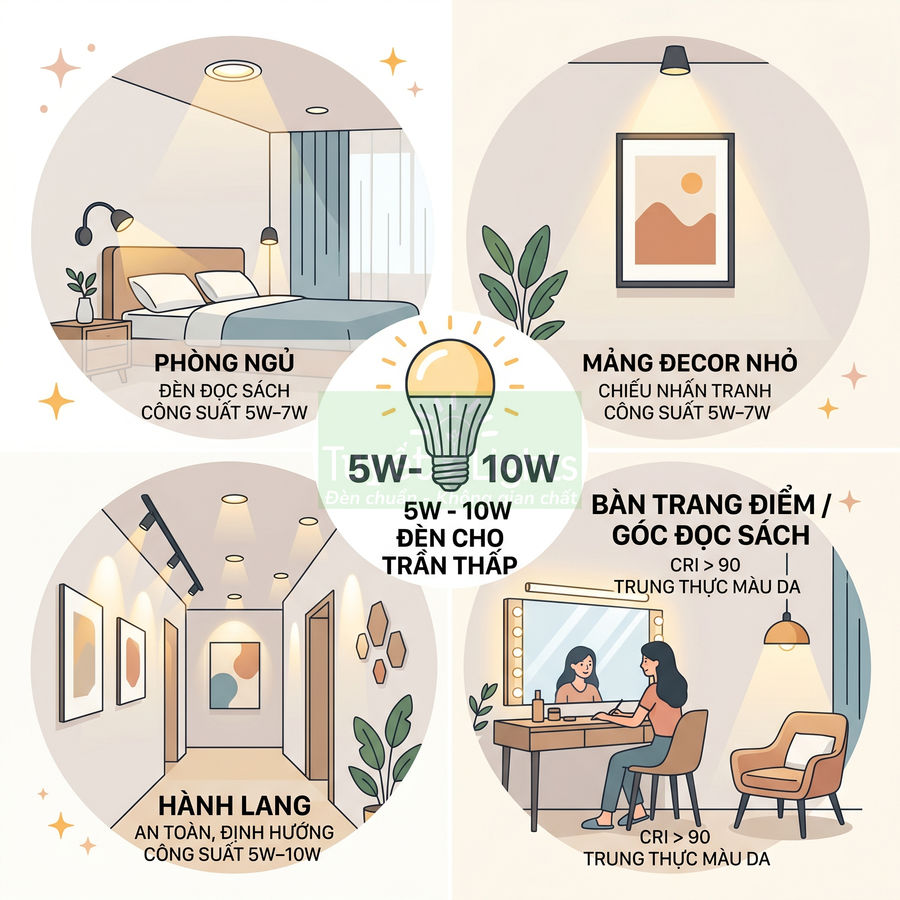 Đèn LED 5W 10W cho trần thấp, chiếu sáng phòng ngủ, hành lang, bàn trang điểm và mảng decor nhỏ