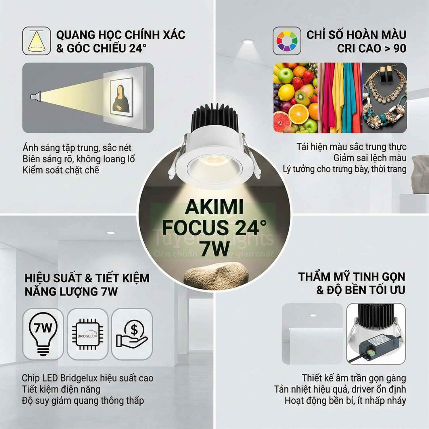 Đèn LED âm trần Akimi Focus 24 độ 7W ánh sáng tập trung, CRI cao, thiết kế nhỏ gọn tiết kiệm điện