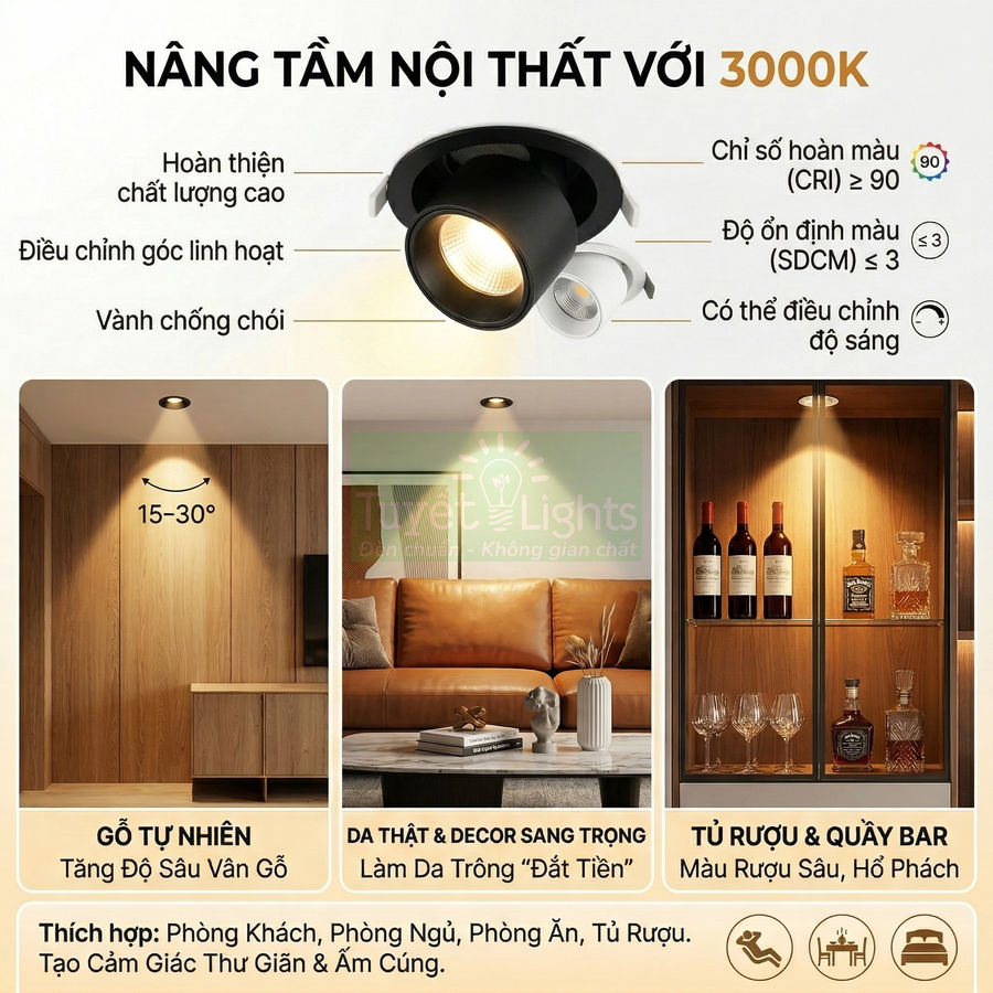 Đèn downlight âm trần 3000K chiếu điểm trang trí phòng khách, tủ rượu và nội thất gỗ sang trọng