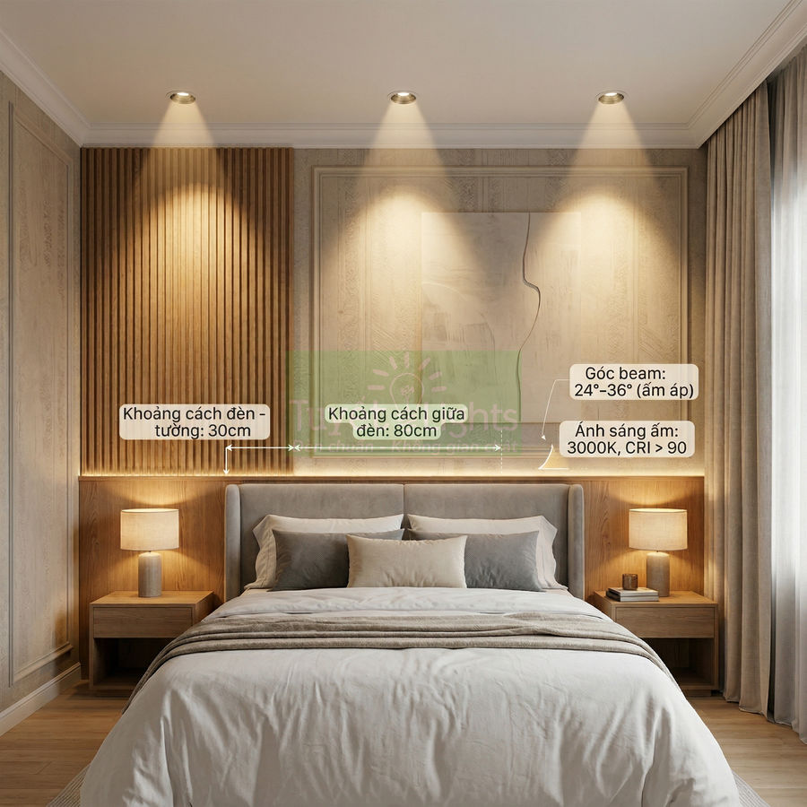Đèn downlight âm trần chiếu sáng phòng ngủ hiện đại với ánh sáng vàng ấm trên đầu giường