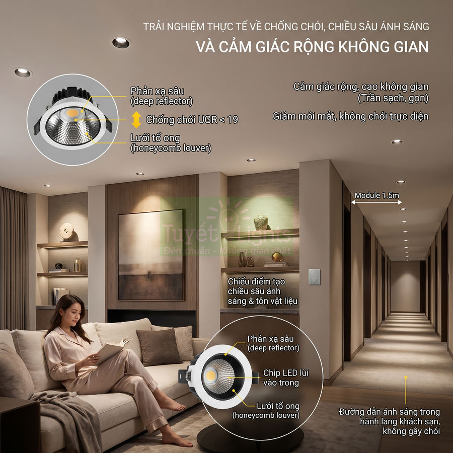 Đèn downlight âm trần chống chói chiếu sáng phòng khách và hành lang hiện đại, tạo chiều sâu và không gian rộng