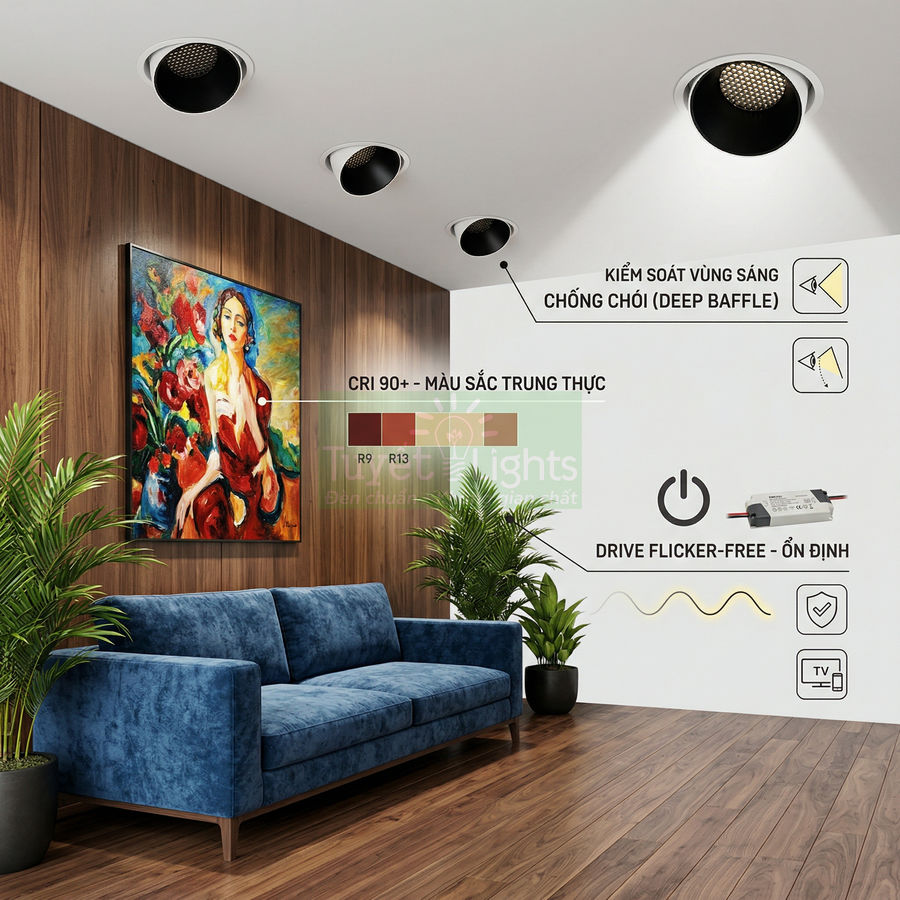 Đèn downlight âm trần chống chói chiếu sáng phòng khách với sofa xanh và tranh treo tường