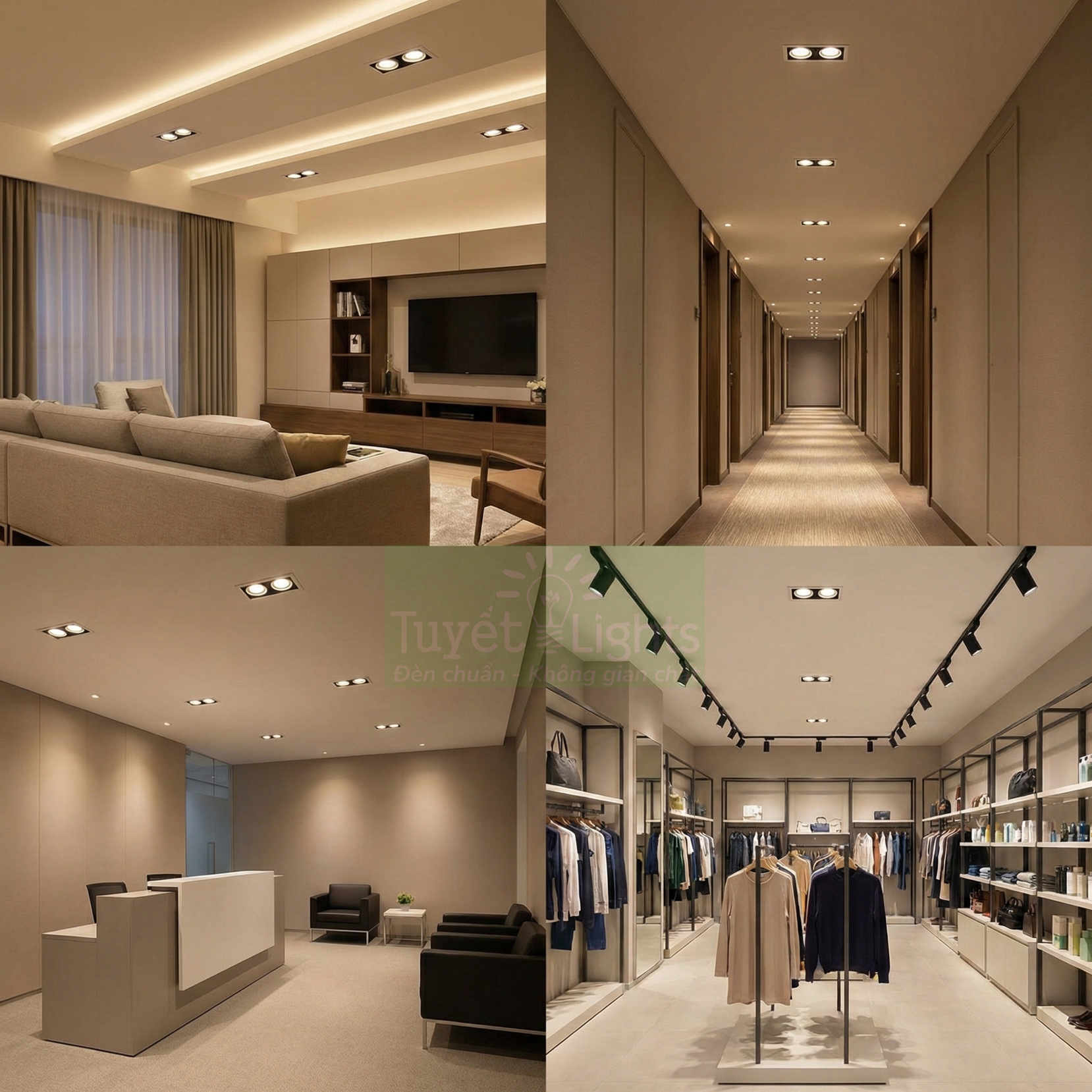 Đèn downlight âm trần chiếu sáng phòng khách, hành lang, quầy lễ tân và cửa hàng thời trang hiện đại