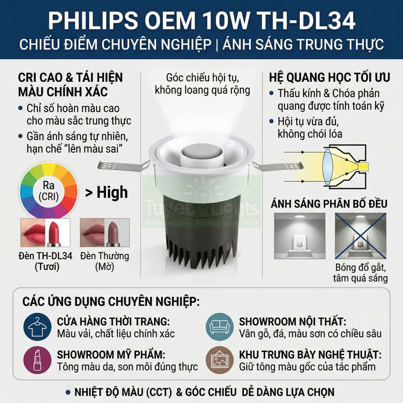 Đèn chiếu điểm âm trần Philips OEM 10W TH DL34 ánh sáng trung thực cho cửa hàng và showroom