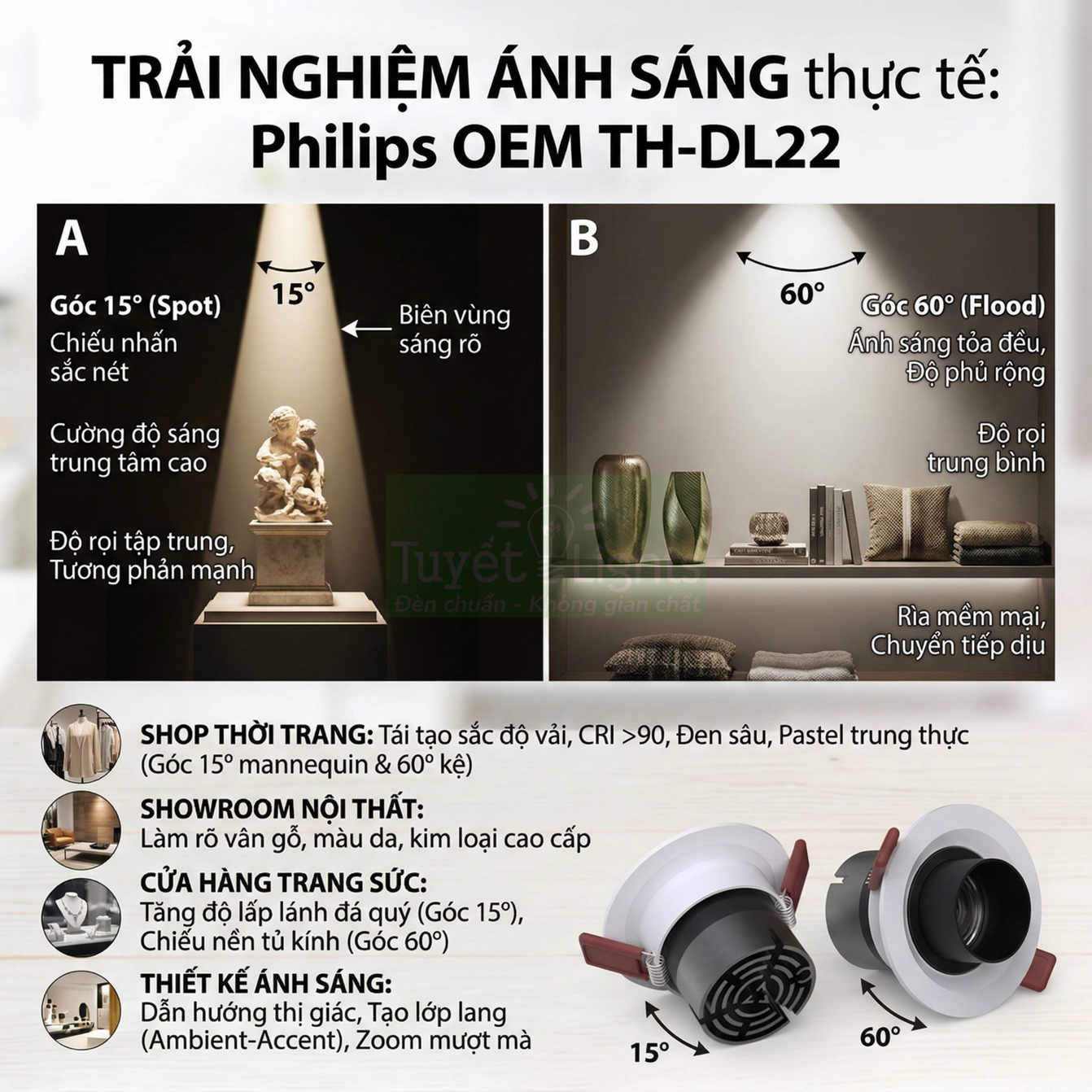 Đèn downlight Philips OEM TH-DL22 góc chiếu 15 và 60 độ cho shop thời trang, showroom nội thất
