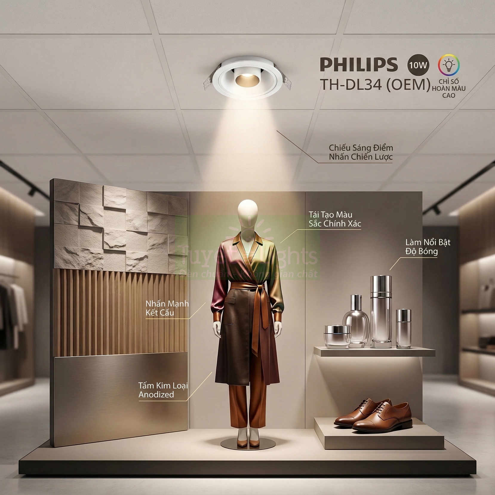 Đèn downlight Philips TH DL34 chiếu sáng ma nơ canh và kệ trưng bày giày da, nước hoa trong cửa hàng thời trang
