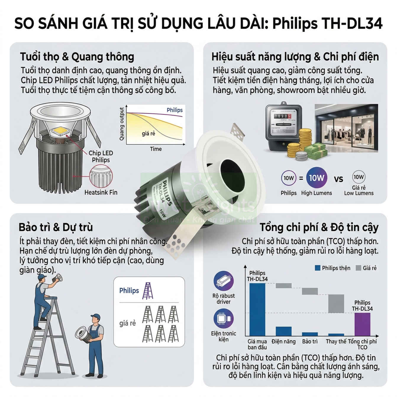 Đèn LED âm trần Philips TH DL34 màu trắng, trình bày ưu điểm tuổi thọ, tiết kiệm điện và chi phí bảo trì