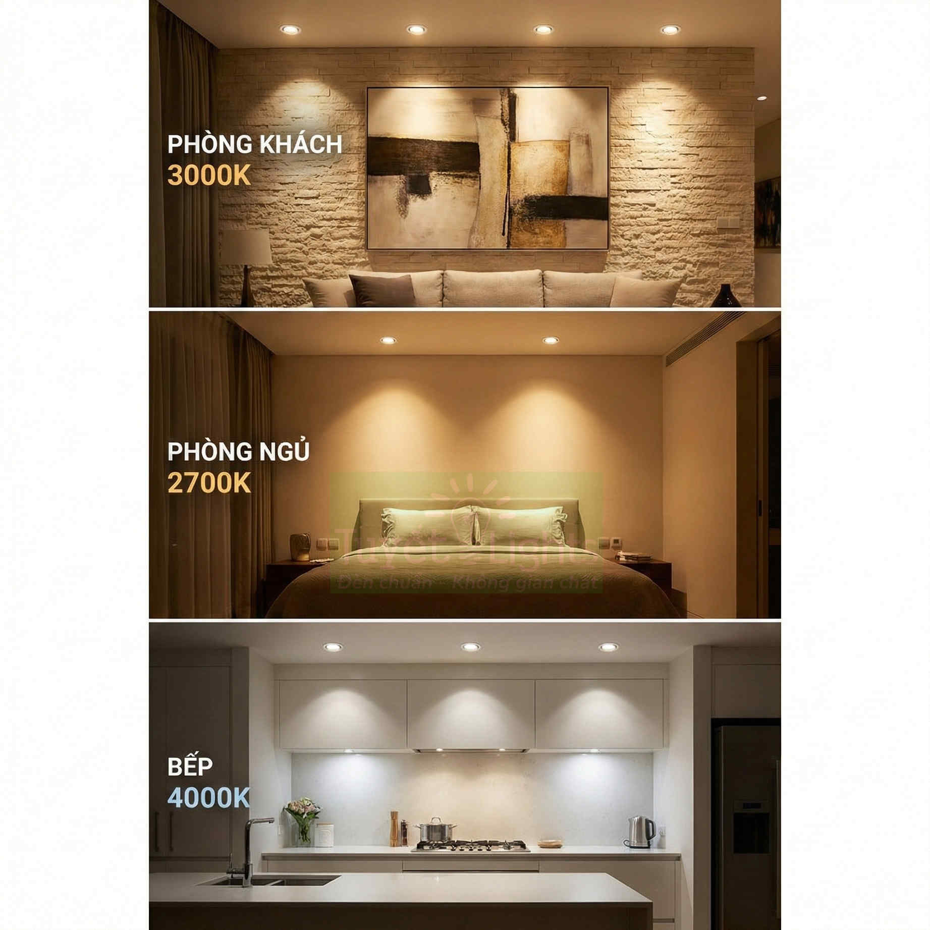 Đèn led âm trần chiếu sáng phòng khách 3000K, phòng ngủ 2700K và bếp 4000K trong không gian hiện đại